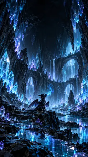 Un piccolo drago nero seduto su una roccia in una grotta buia circondato da cristalli blu luminosi e cascate.