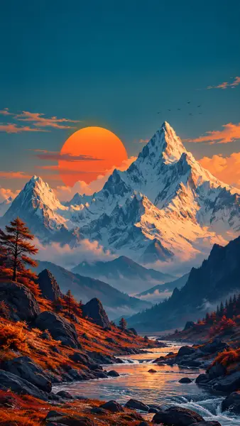 Snowy Mountain Sunset River Wallpaper
