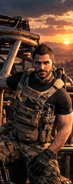 Soap Mactavish mit Bart und taktischer Weste, stehend vor einem Fahrzeug bei Sonnenuntergang.