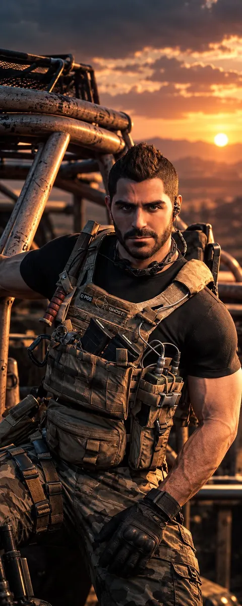 Soap Mactavish con barba y chaleco táctico de pie frente a un vehículo al atardecer.