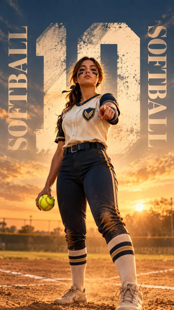 Una jugadora de softbol con uniforme blanco y azul marino sosteniendo una pelota amarilla en un campo de tierra al atardecer.