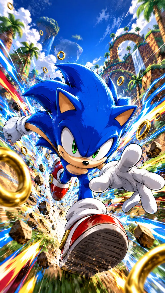 Sonic the Hedgehog correndo para frente com linhas de velocidade azuis e anéis dourados em um ambiente de colinas verdes.