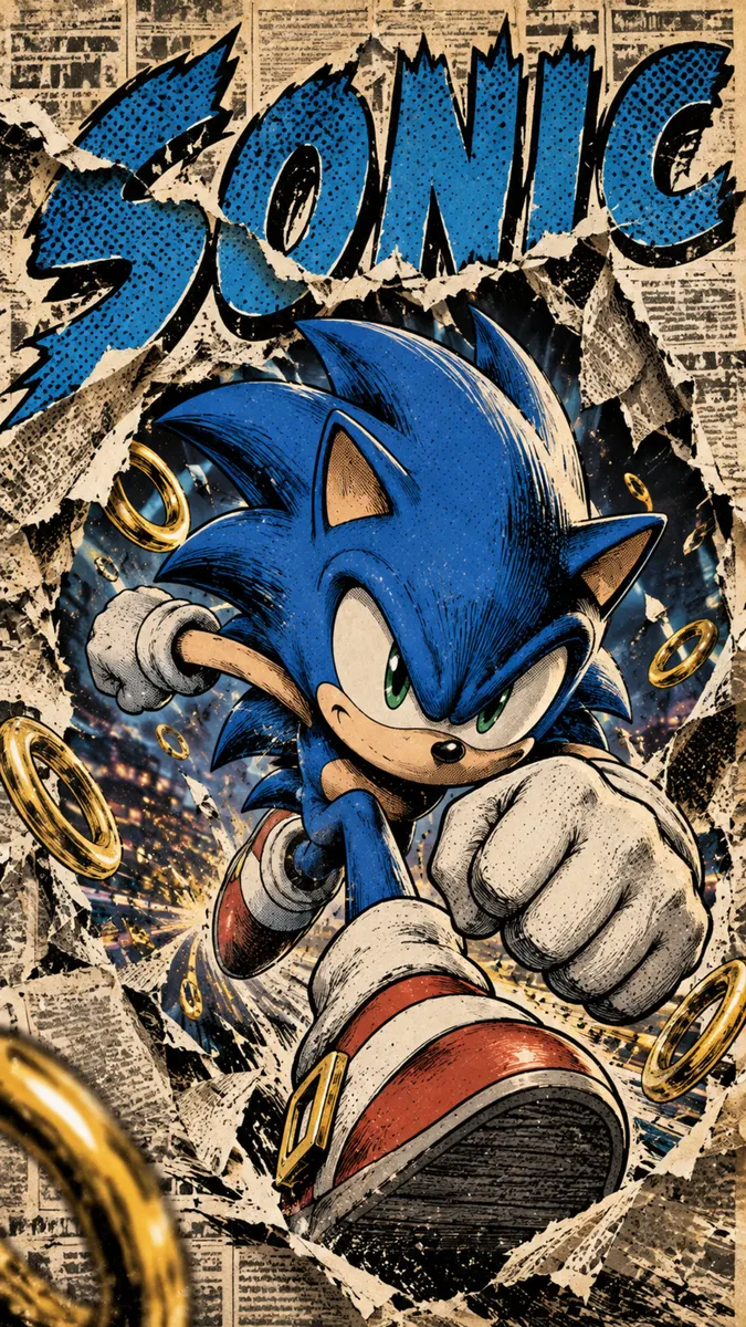 Sonic the Hedgehog rent naar de kijker toe met gouden ringen die om hem heen zweven tegen een achtergrond van gescheurde kranten.