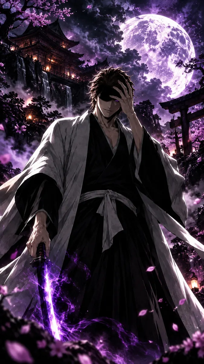 Sosuke Aizen vistiendo un kimono blanco y negro mientras sostiene una espada púrpura brillante bajo una gran luna llena.