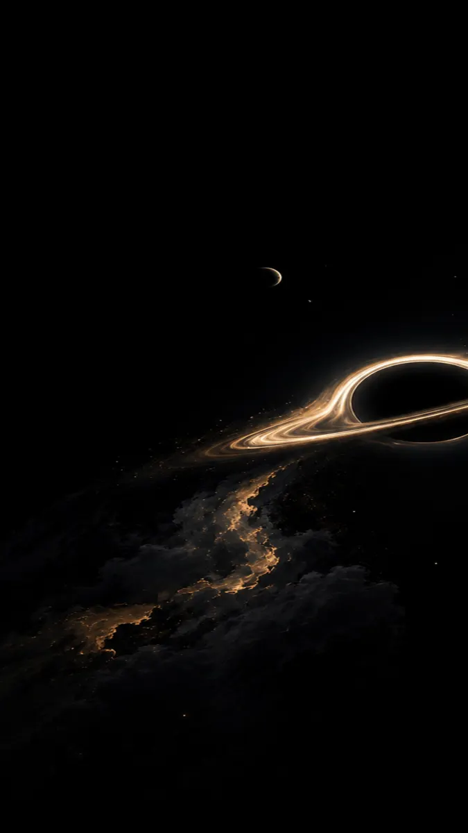 Un trou noir avec un anneau de lumière doré brillant entouré par l'espace sombre et un petit croissant de lune.