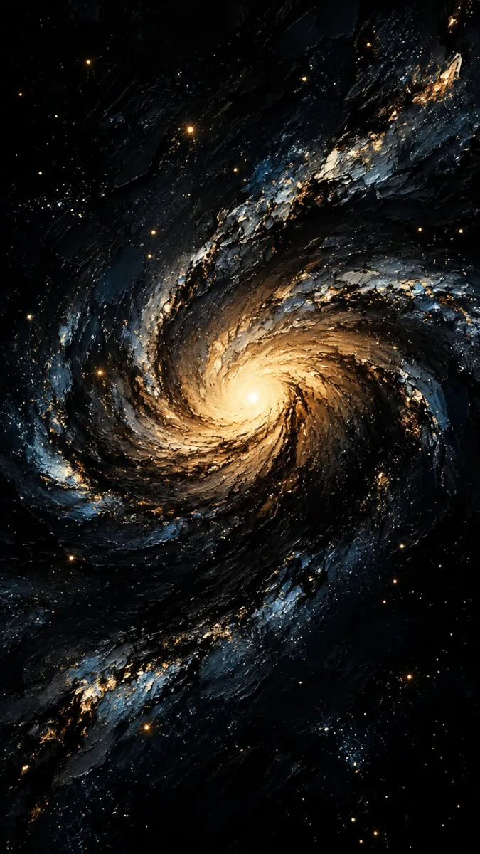 Une galaxie spirale avec un centre doré brillant et des bras sombres texturés entourés de petites étoiles lointaines dans l'espace profond.