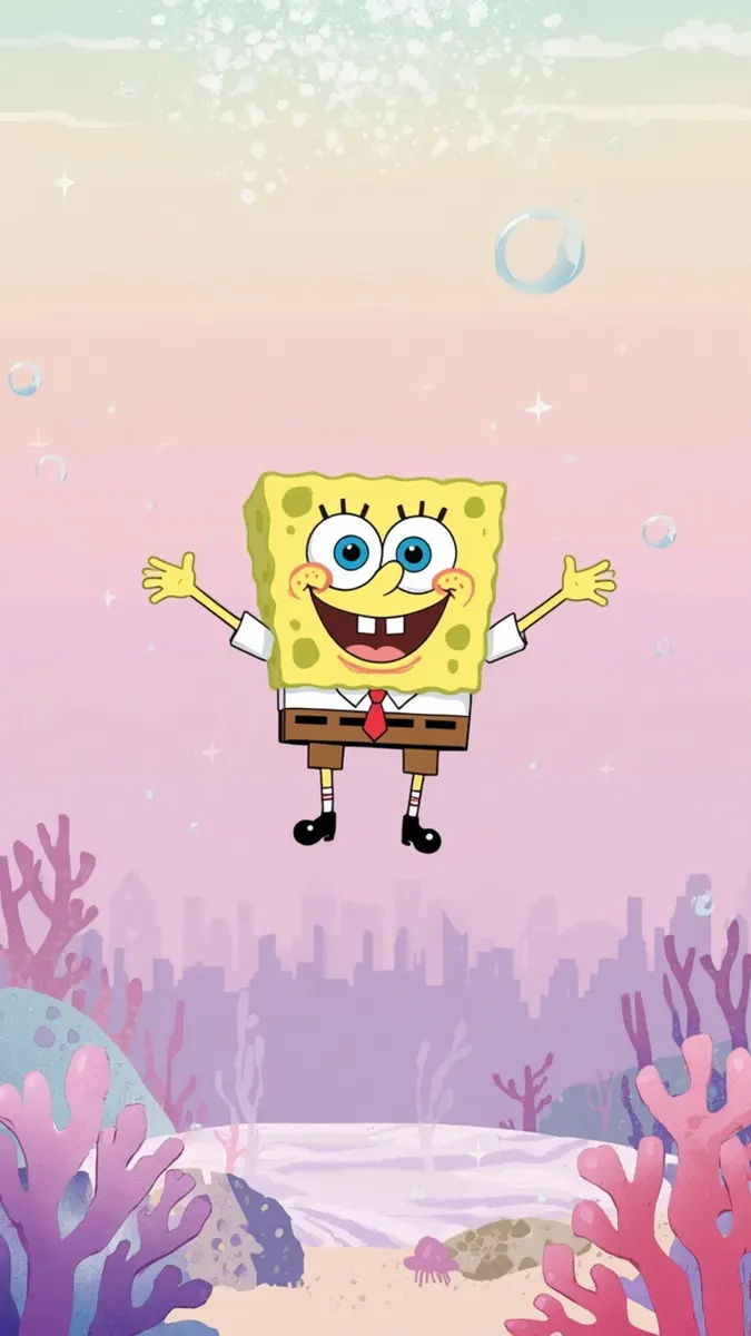 SpongeBob SquarePants sonriendo con los brazos extendidos, flotando en una escena submarina de claro con burbujas y coral morado.