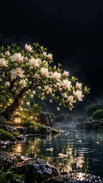 Un albero di magnolia bianca in fiore sopra uno stagno scuro di notte con una lanterna luminosa e petali che cadono.