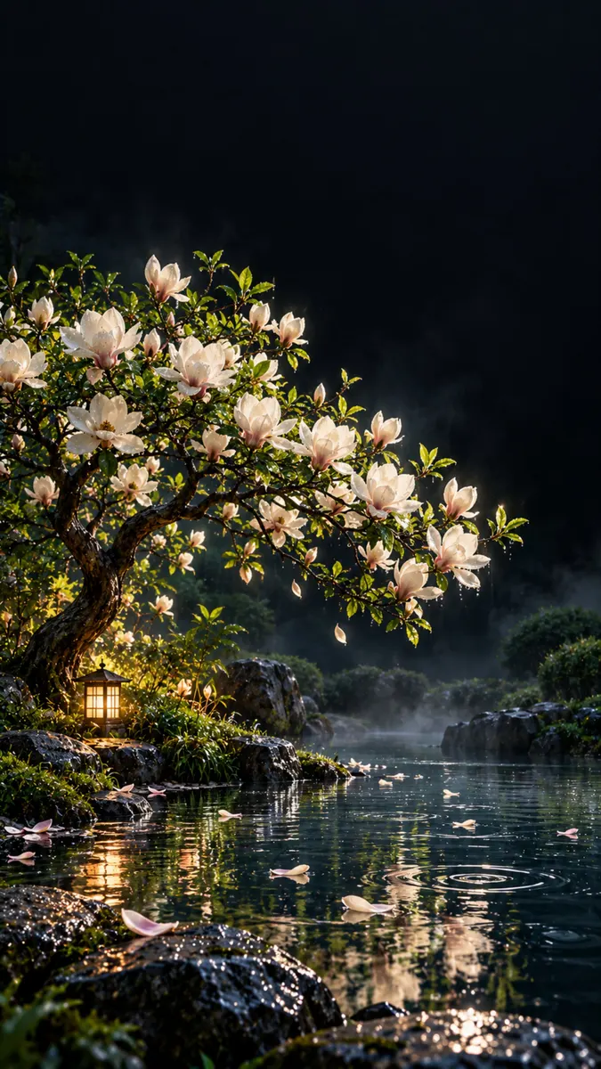 Een bloeiende witte magnolia boom boven een donkere vijver 's nachts met een gloeiende lantaarn en vallende bloemblaadjes.