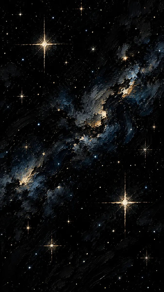 Une scène spatiale sombre avec des étoiles brillantes à quatre branches et une nébuleuse texturée de poussière cosmique noire et bleue.