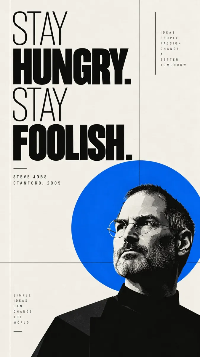 ستيف جوبز يرتدي نظارة مستديرة مع نص Stay Hungry Stay Foolish بحروف سوداء عريضة على خلفية فاتحة.