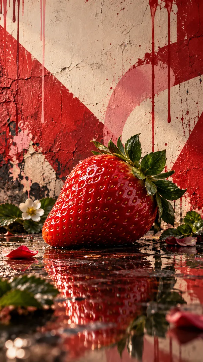 Une seule fraise rouge mûre avec des feuilles vertes reposant sur une surface humide réfléchissante contre un mur texturé rouge et blanc.