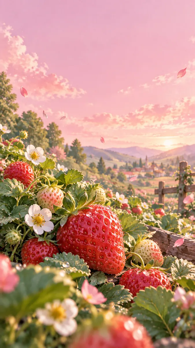 Primer plano de fresas rojas maduras y flores blancas creciendo en un jardín con un paisaje de atardecer de fondo.