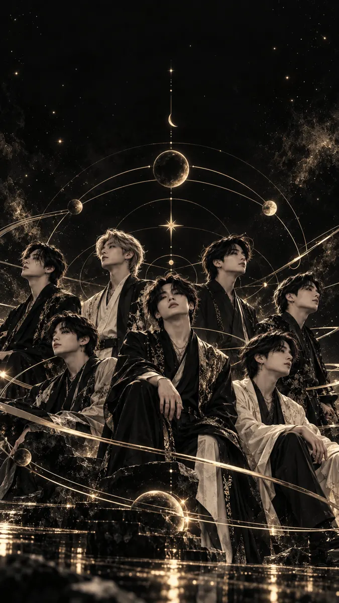 Anggota Stray Kids mengenakan jubah gelap dan emas, berpose di depan cincin planet emas yang bersinar dan bintang-bintang.
