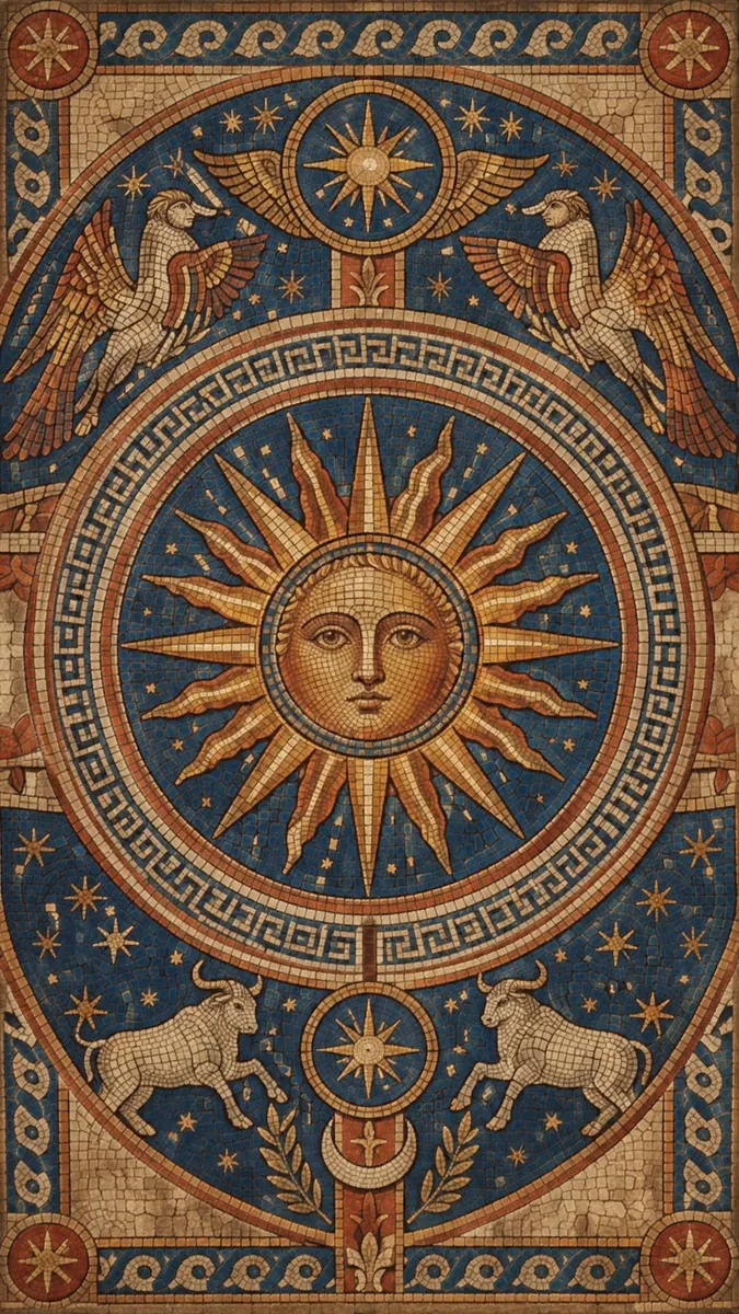 Mosaikkunst im antiken Stil, die ein zentrales Sonnengesicht mit Strahlen zeigt, flankiert von zwei geflügelten Vögeln oben und zwei Stieren unten.