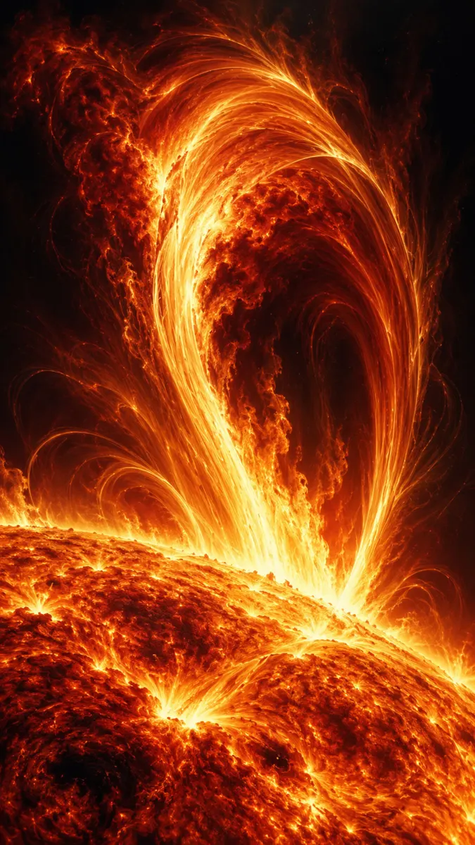 Une éruption solaire massive s'arquant depuis la surface du soleil avec du plasma jaune vif tourbillonnant dans le vide sombre de l'espace.