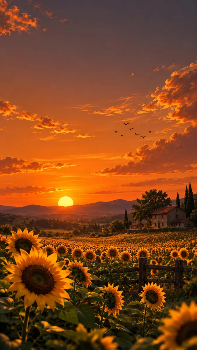 Un vasto campo de girasoles en flor bajo un cálido cielo de atardecer naranja con una casa rústica y colinas distantes.