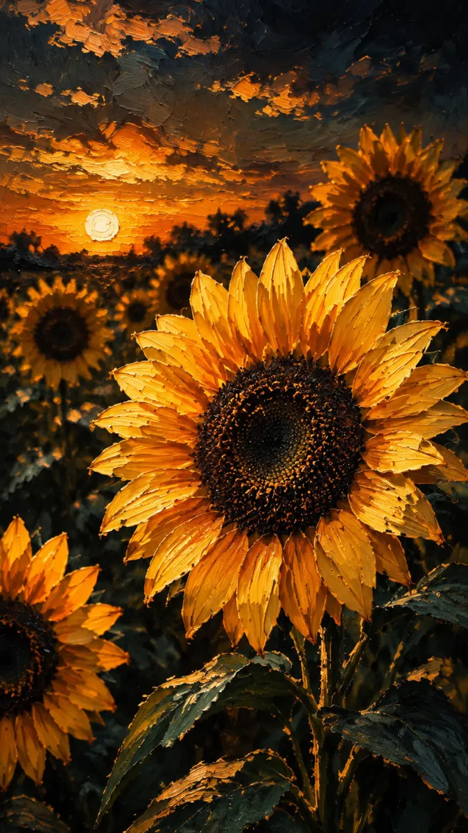 Primer plano de un girasol de brillante en un campo con un cielo de atardecer oscuro y texturizado de fondo.