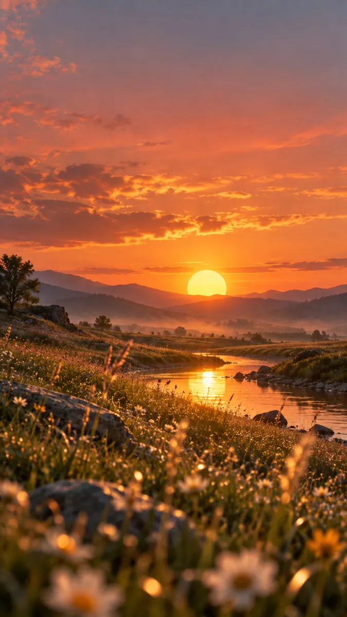 Un sol dorado poniéndose tras montañas lejanas sobre un río que serpentea a través de un campo de flores silvestres en primer plano.