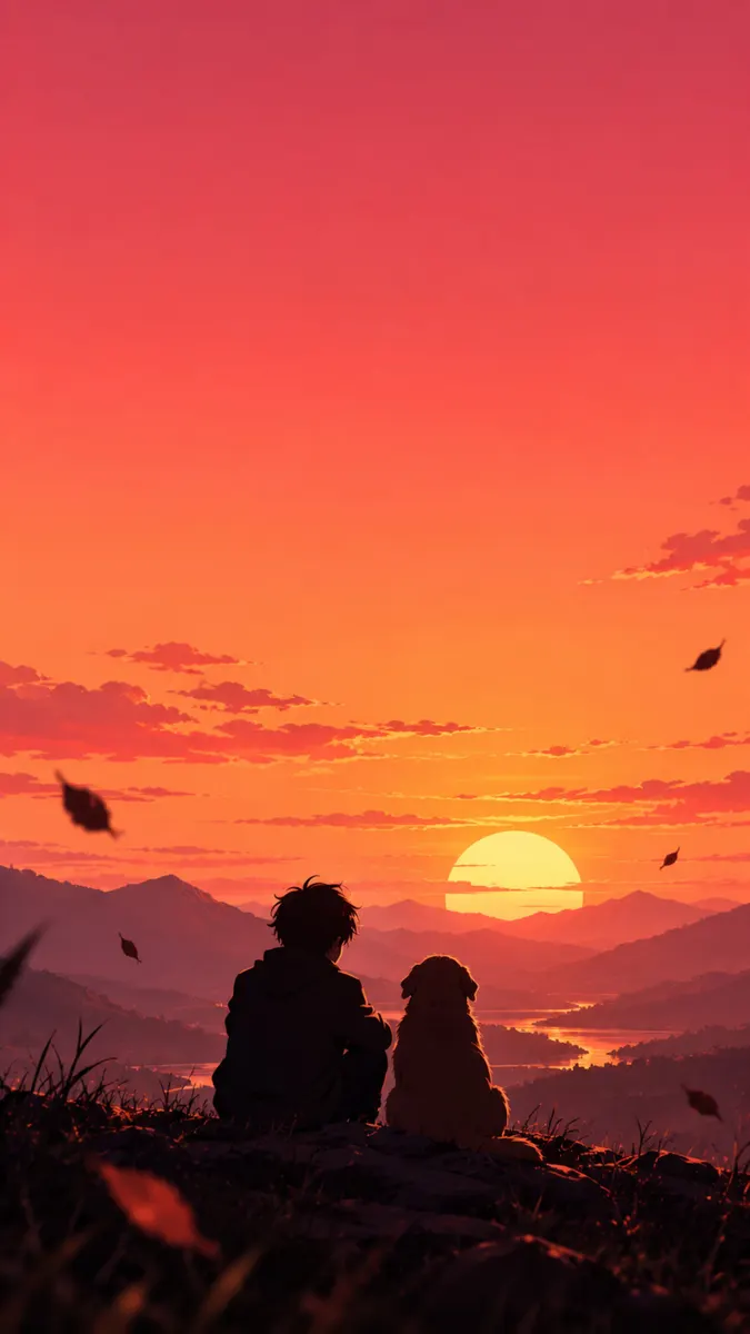 Silhouette d'une personne et d'un chien assis sur une colline herbeuse regardant un grand soleil se coucher derrière des chaînes de montagnes.