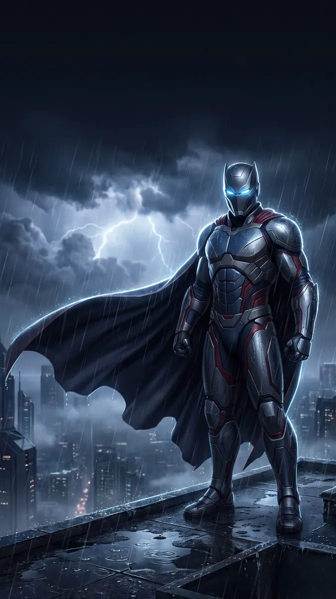 Superhéroe blindado con traje oscuro y capa de pie en una azotea mojada durante una tormenta con luces de la ciudad debajo.