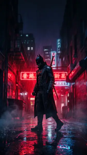Batman يرتدي معطفًا ويحمل كاتانا، يسير عبر زقاق مدينة ممطر مضاء بالنيون في الليل.