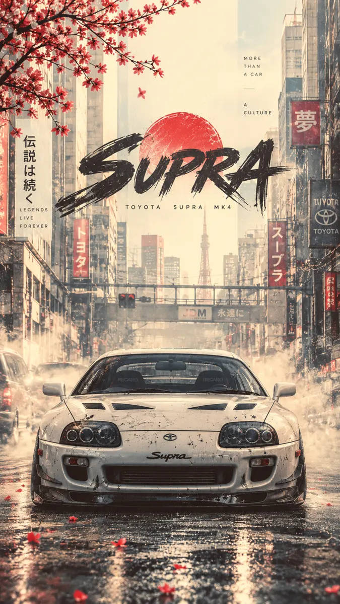 Mobil Toyota Supra Mk4 putih terparkir di jalan kota yang basah di Tokyo dengan dahan bunga sakura dan papan tanda Jepang.