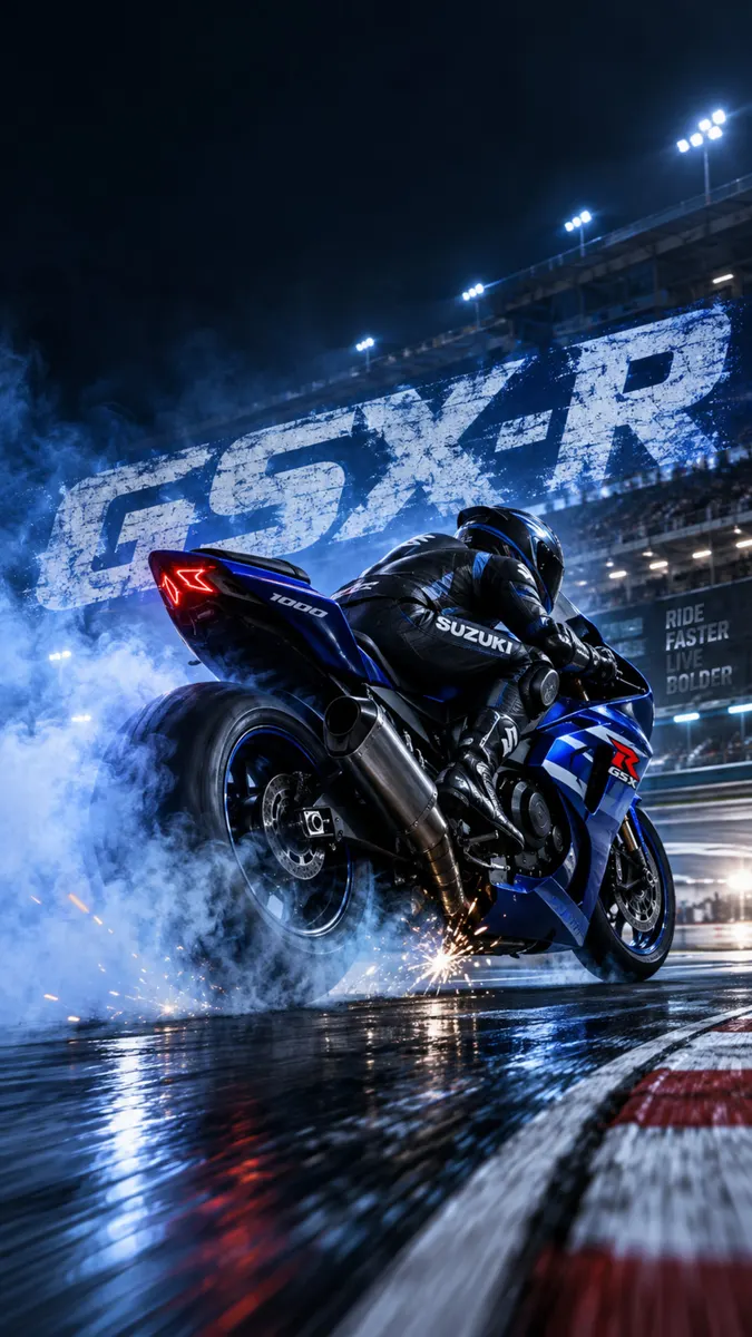 Un piloto en una motocicleta Suzuki GSX-R azul realizando un burnout en una pista mojada por la noche con chispas y humo.