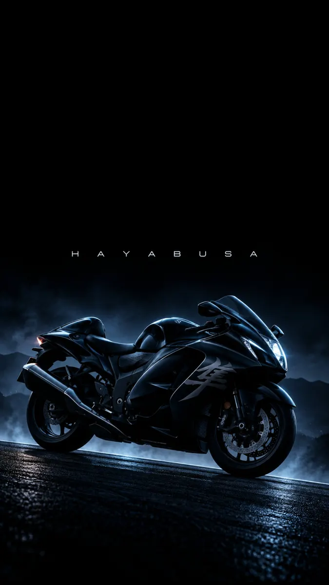 Una motocicleta Suzuki Hayabusa negra estacionada en una carretera oscura y mojada por la noche con el logotipo de Hayabusa visible en el carenado lateral.
