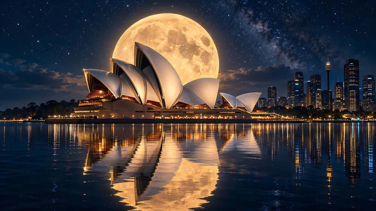 Sydney Opera House, arkasında devasa bir dolunay ve suda yansıyan şehir ışıklarıyla gece parlıyor.