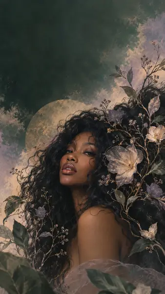 SZA berpose dengan rambut keriting panjang yang dihiasi bunga dengan latar belakang langit mendung dan bulan bulat besar.