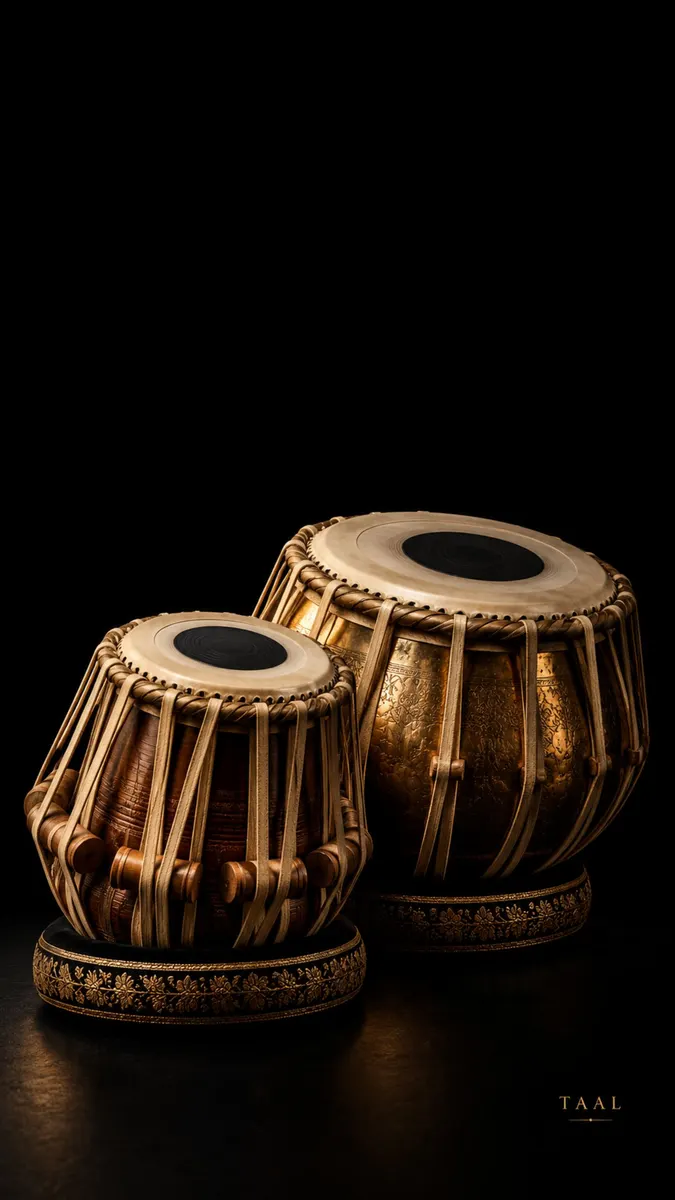Dua drum tabla India tradisional dengan bodi logam emas dan tali penyetem kulit yang diletakkan di atas permukaan gelap dengan latar belakang hitam.