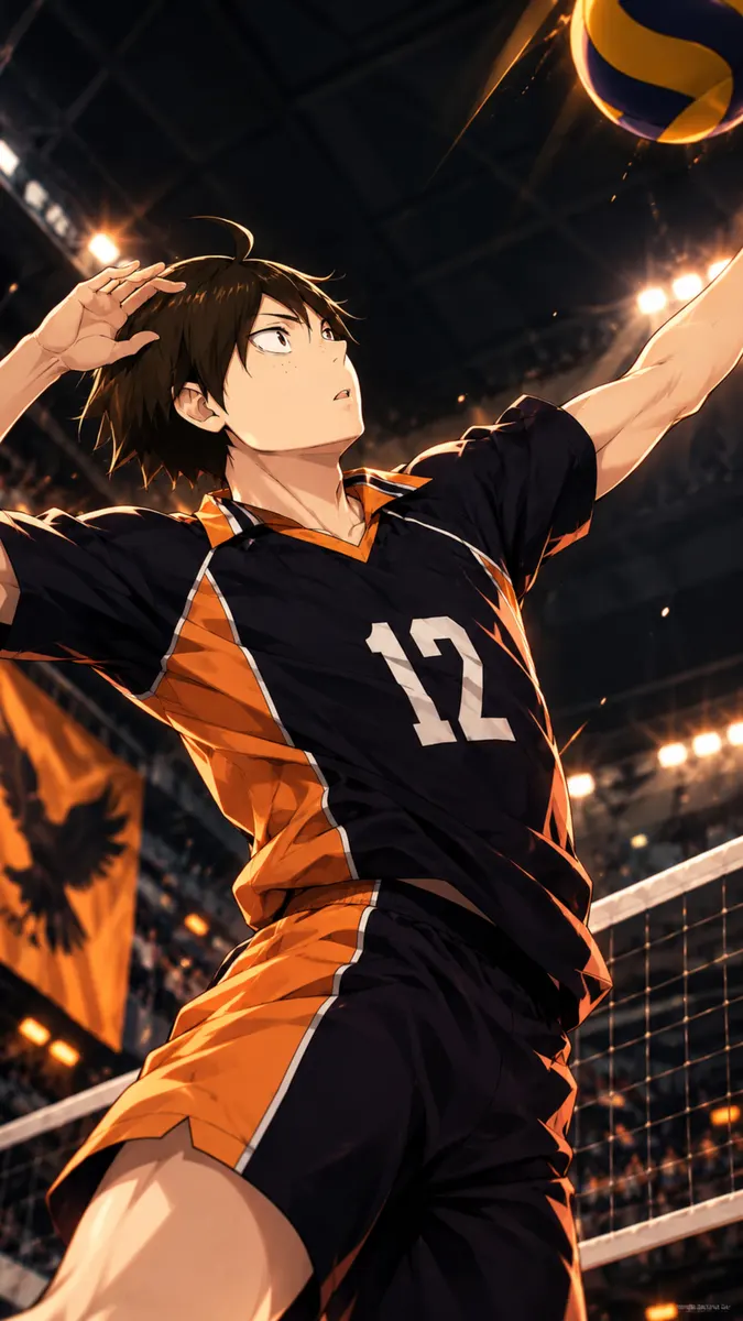 Тадаши Ямагучи из Haikyuu тянется, чтобы ударить по волейбольному мячу, будучи одетым в свою черно-оранжевую командную форму на стадионе.