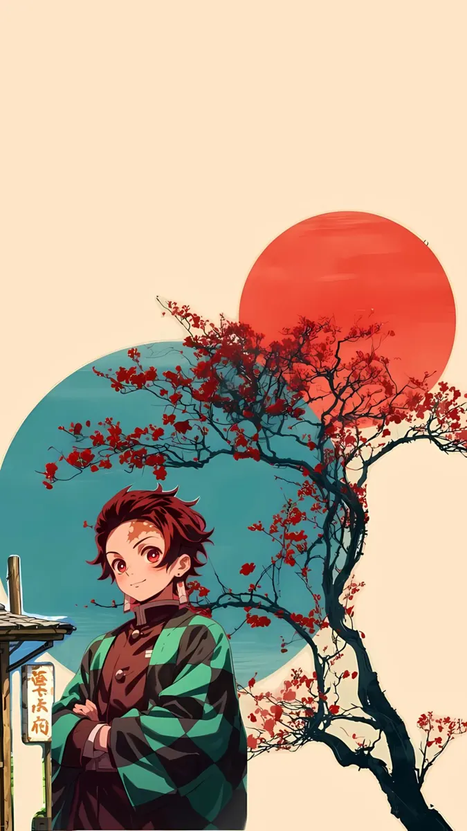 Tanjiro Kamado aus Demon Slayer trägt sein grün-schwarz kariertes Haori mit einem Kirschblütenbaum und kreisförmigen Hintergrundelementen.