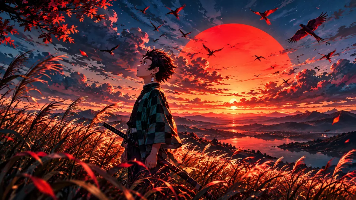 Tanjiro Kamado de pie en un campo de hierba alta mirando un gran sol rojo en el cielo con pájaros volando.