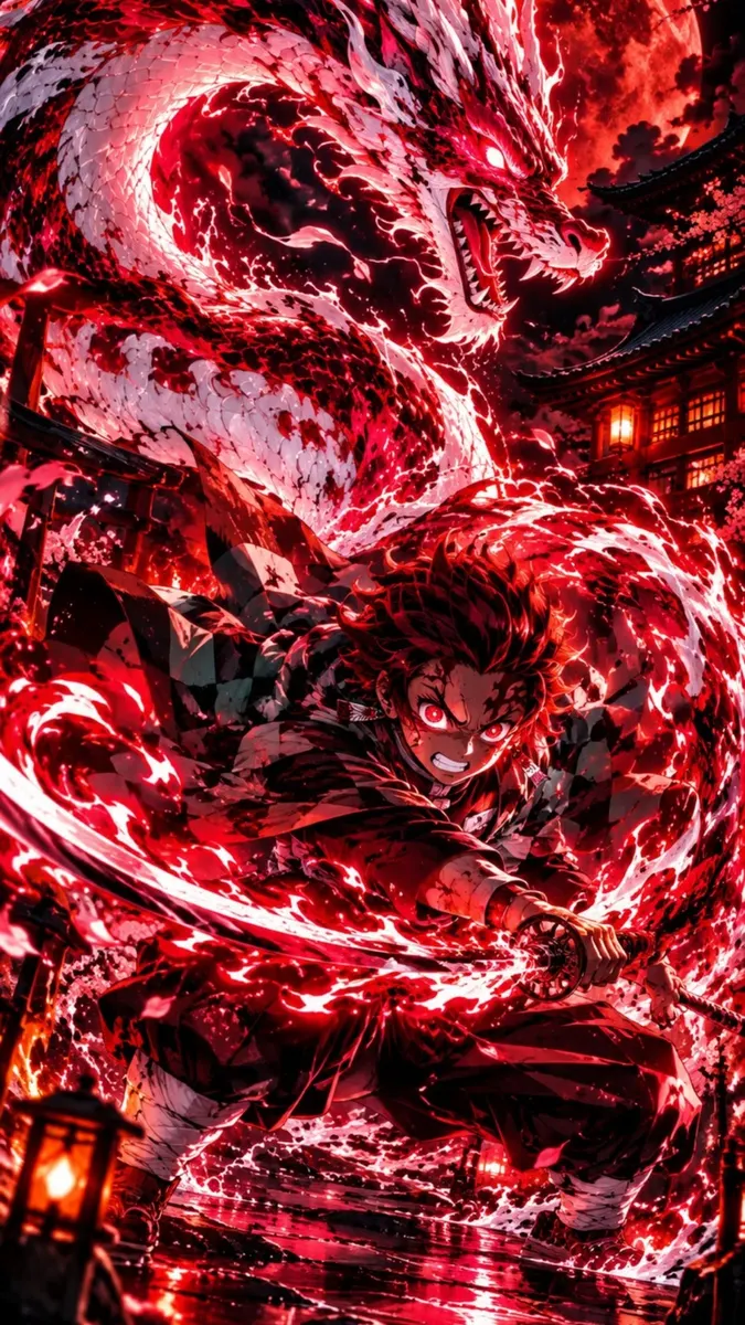 Tanjiro Kamado in Kampfhaltung mit einem Schwert, umgeben von einem wirbelnden roten Drachengeist und dunkler Tempelarchitektur.
