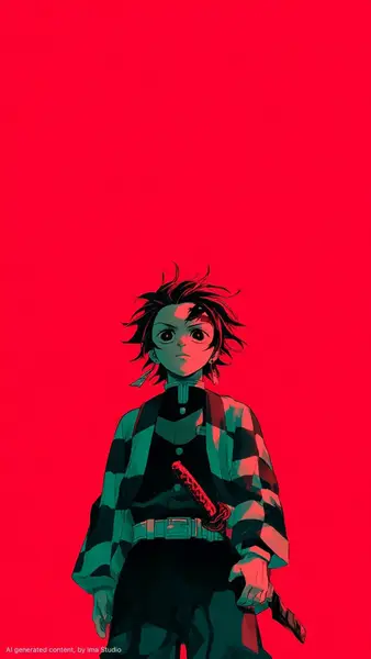 Tanjiro Kamado mit stacheligen Haaren und einem karierten Haori hält ein Katana vor einem leuchtend roten Hintergrund
