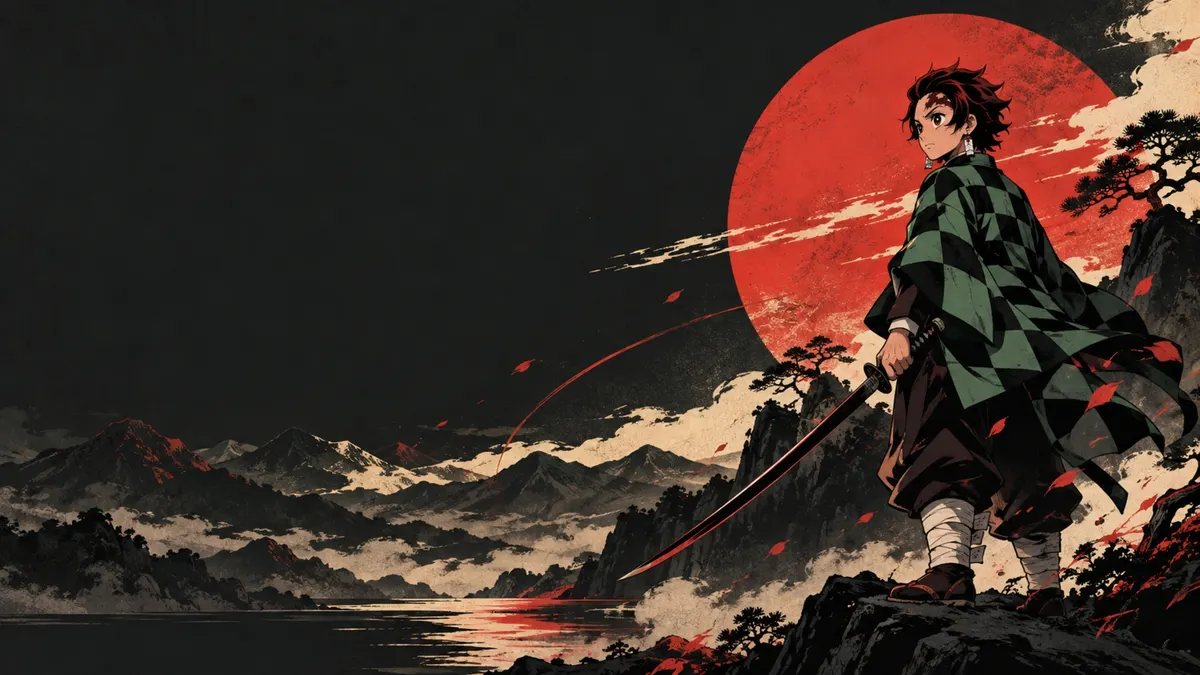 Tanjiro Kamado in seinem grün-schwarz karierten Haori hält ein Katana, während er auf einer Klippe vor einer roten Sonne steht.