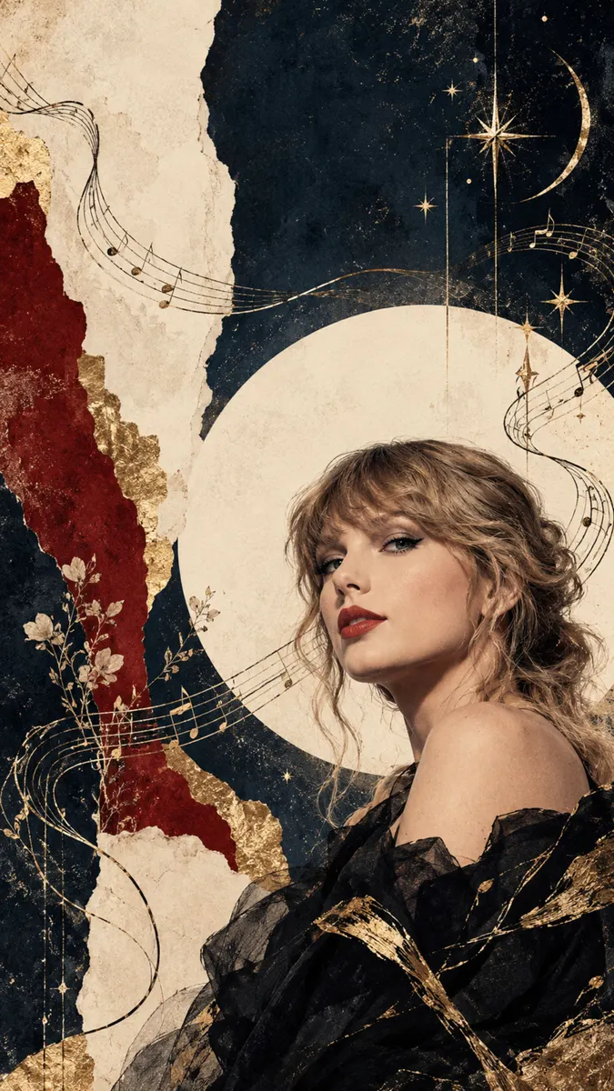 Sarı saçlı, ileriye bakan Taylor Swift, altın müzik notaları, bir ay, yıldızlar ve yırtık kağıt dokuları ile çevrili.