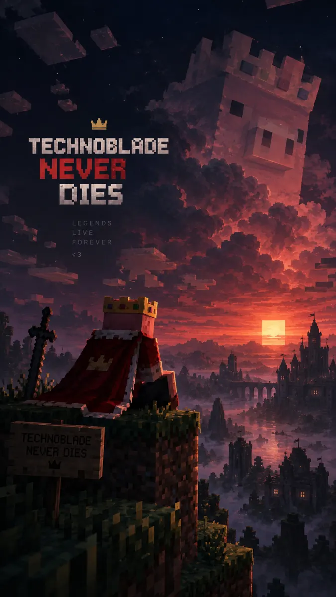 A pixelated pig character with a crown and red cape sitting on a cliff edge looking at a Minecraft castle during a sunset.