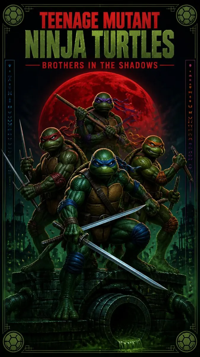 Leonardo, Donatello, Raphael, dan Michelangelo berdiri di atas atap dengan bulan merah besar di latar belakang.