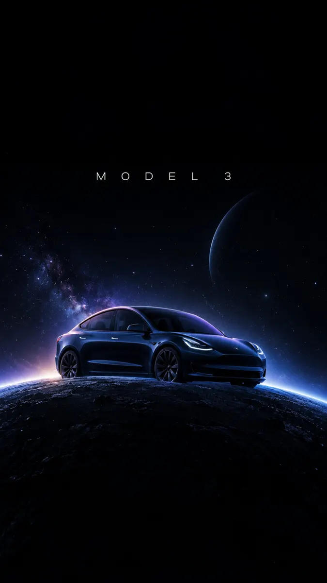 Mobil Tesla Model 3 biru tua yang diparkir di permukaan planet berbatu dengan latar belakang ruang angkasa berbintang.