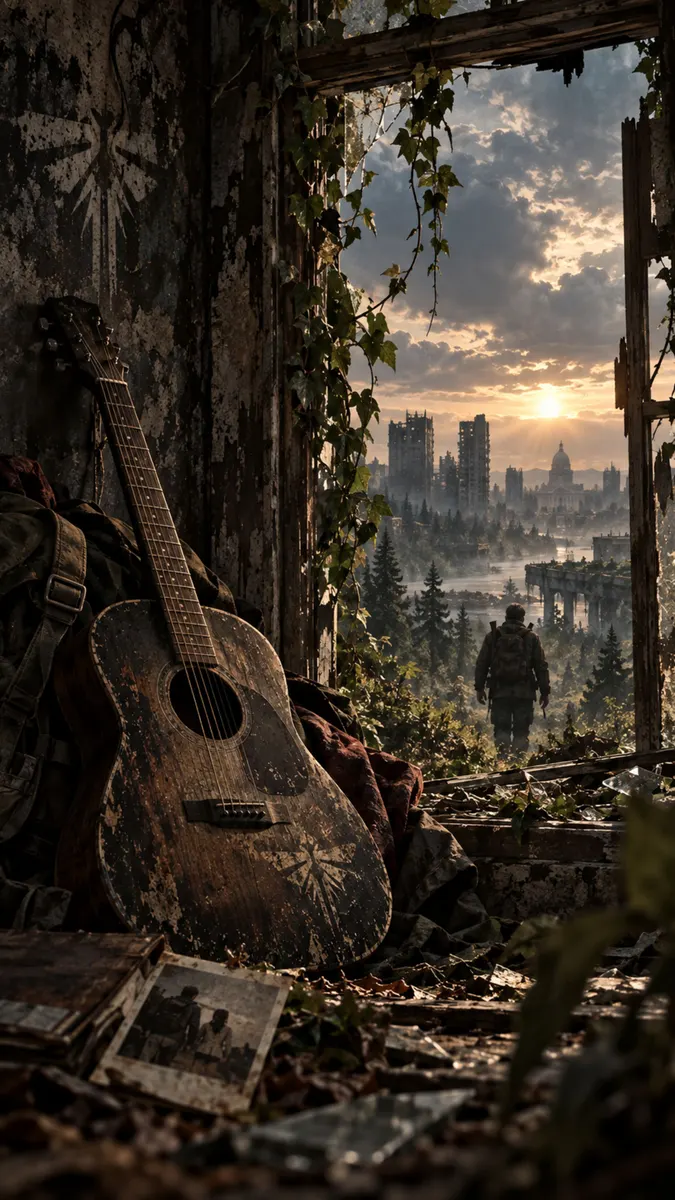 Una guitarra acústica desgastada apoyada contra una pared en un edificio en ruinas con vistas a una ciudad destruida al atardecer.