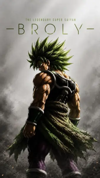 Broly steht mit dem Rücken zum Betrachter und zeigt seinen muskulösen Körperbau, grüne stachelige Haare und eine dunkle Rüstung vor einem nebligen Hintergrund.