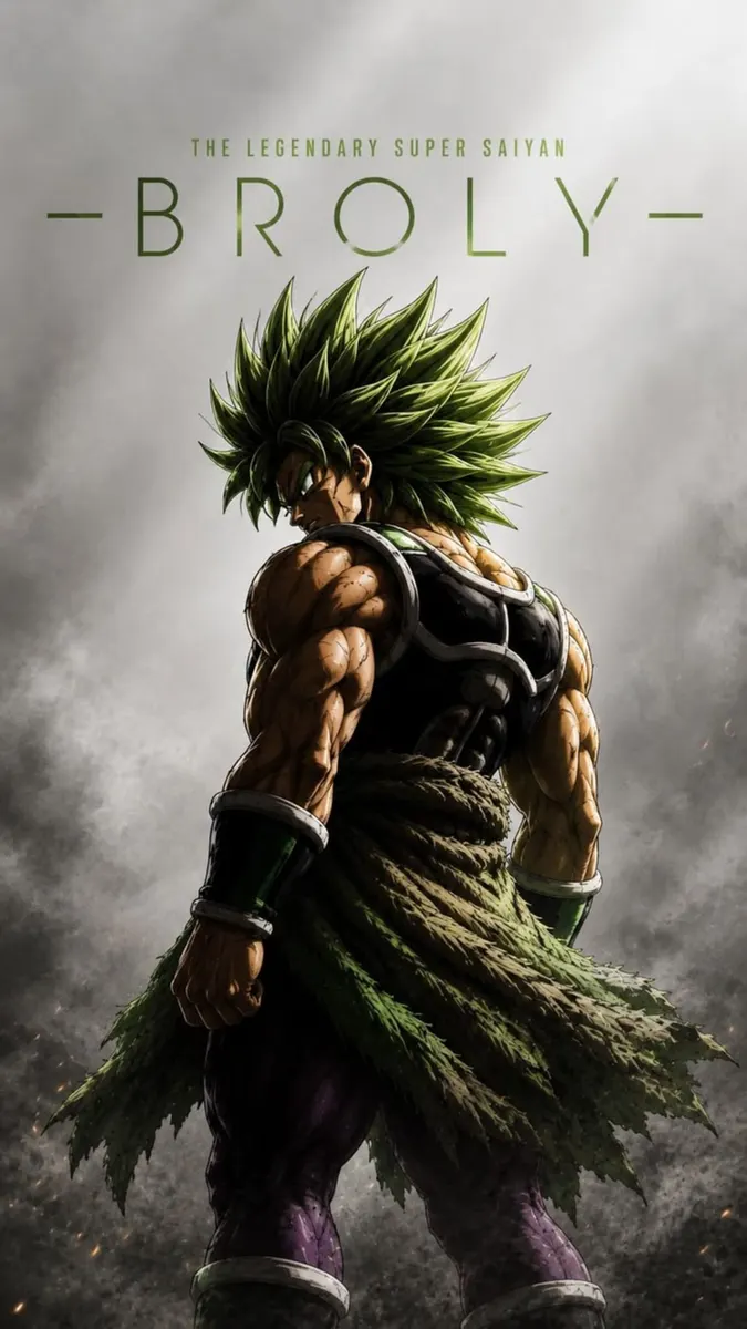 Broly de espaldas, mostrando su físico musculoso, cabello verde puntiagudo y armadura oscura contra un fondo brumoso.