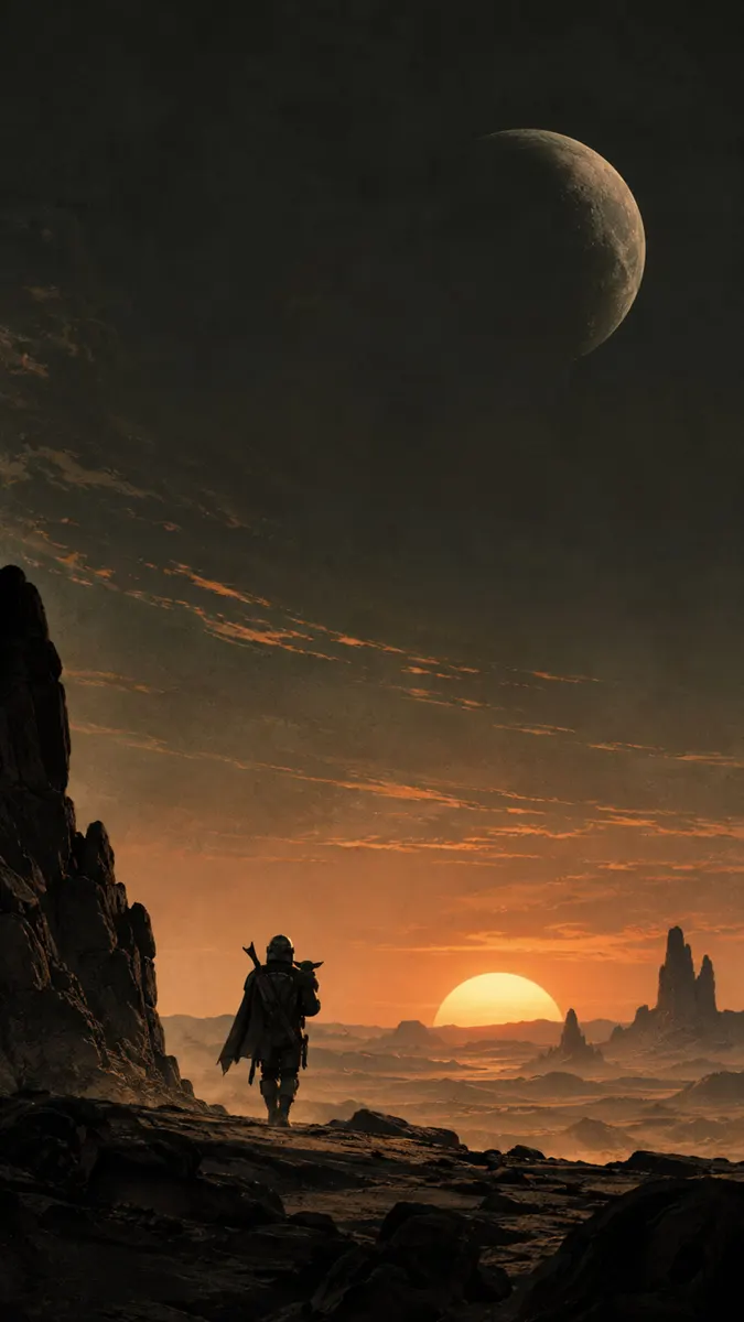 The Mandalorian cargando a Grogu mientras caminan a través de un paisaje desértico rocoso durante un atardecer con una luna creciente en el cielo.