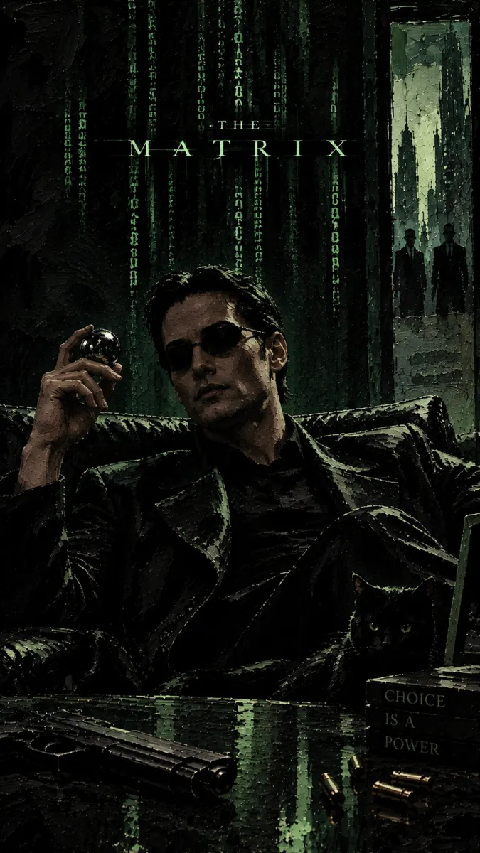 Neo de The Matrix sosteniendo una esfera plateada mientras está sentado en una habitación oscura con código digital verde cayendo de fondo.