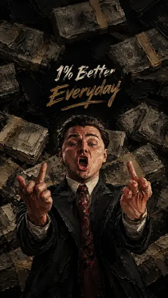 정장을 입은 조던 벨포트가 100달러 지폐 다발과 1% Better Everyday 텍스트와 함께 가운데 손가락을 치켜들고 있다.