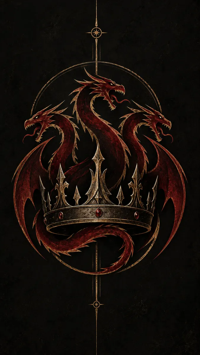 Un dragón rojo de tres cabezas con escamas afiladas y alas envuelto alrededor de una corona de metal oscuro sobre un fondo negro.