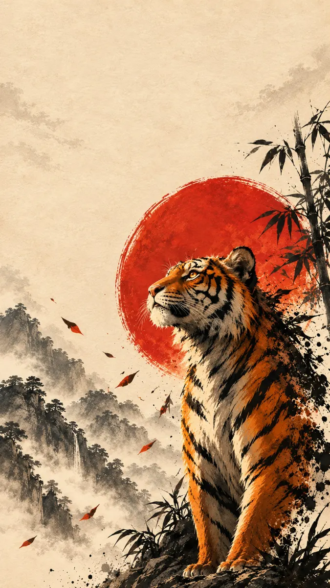 Um tigre olhando para cima enquanto está sentado em um penhasco com um grande sol vermelho e montanhas enevoadas ao fundo.